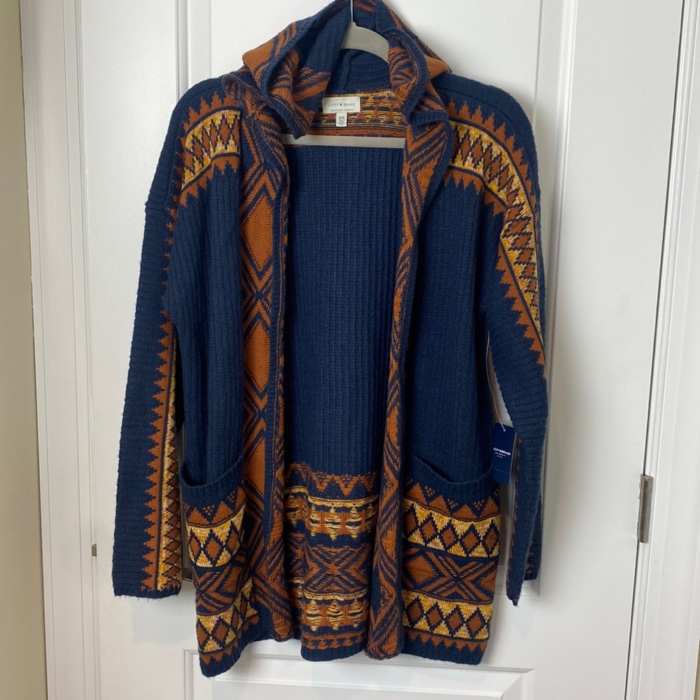 Lucky brand medium navy BoHo print knit hooded cardigan